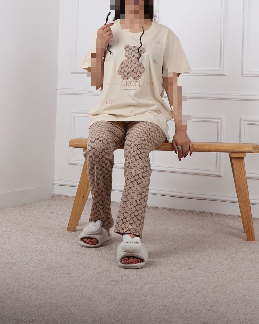 ست تیشرت وشلوار خرس قواره دار شیری کد 2383